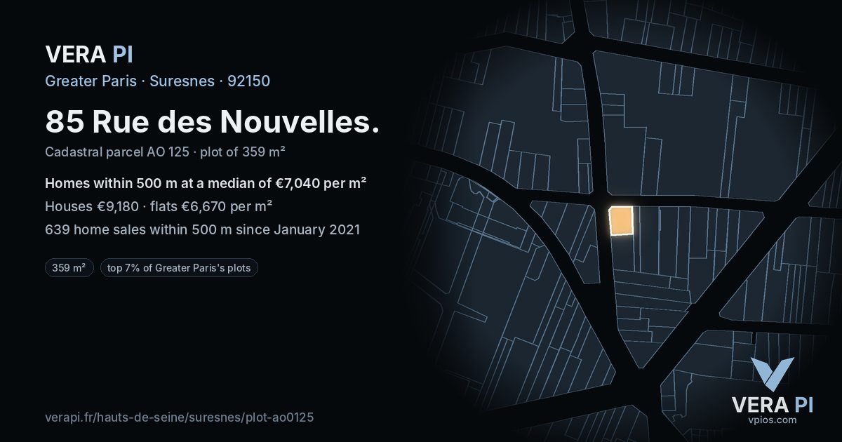 85 Rue des Nouvelles, Suresnes at night – the plot lit, the parcels around coloured by the prices near them