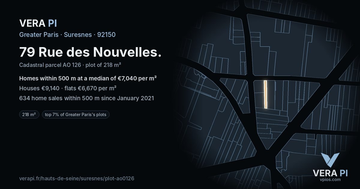 79 Rue des Nouvelles, Suresnes at night – the plot lit, the parcels around coloured by the prices near them