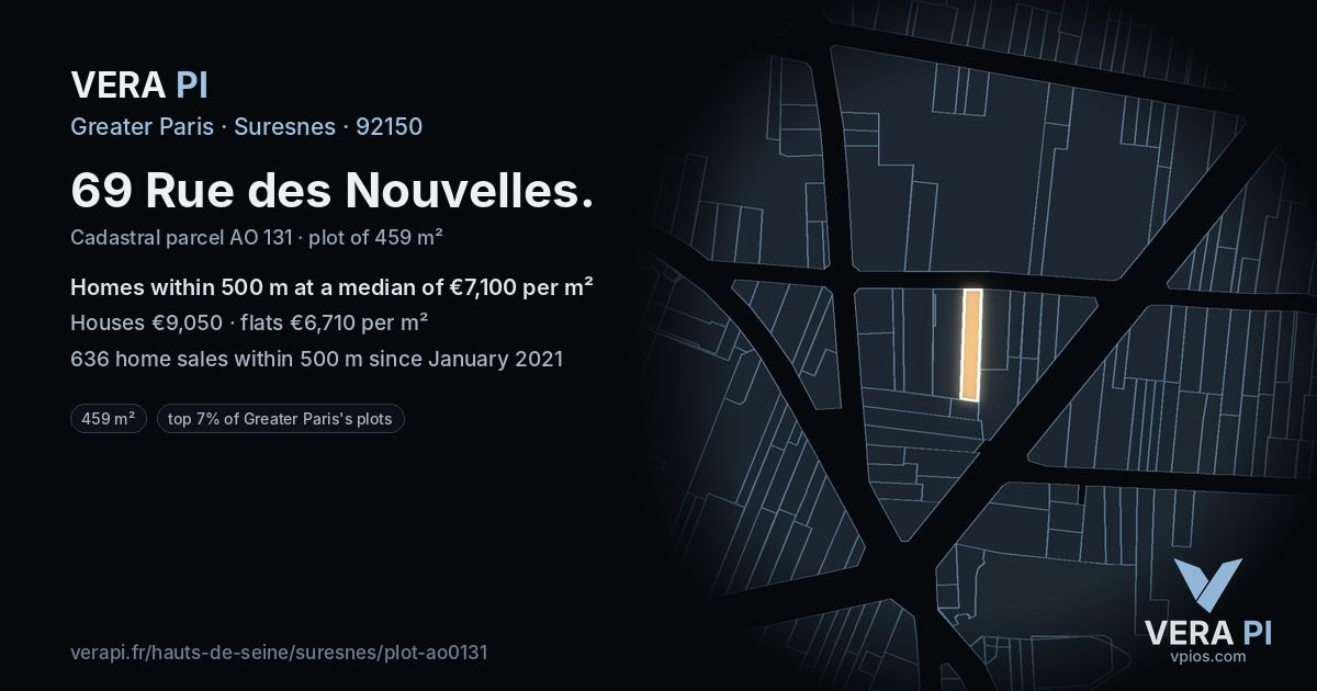 69 Rue des Nouvelles, Suresnes at night – the plot lit, the parcels around coloured by the prices near them