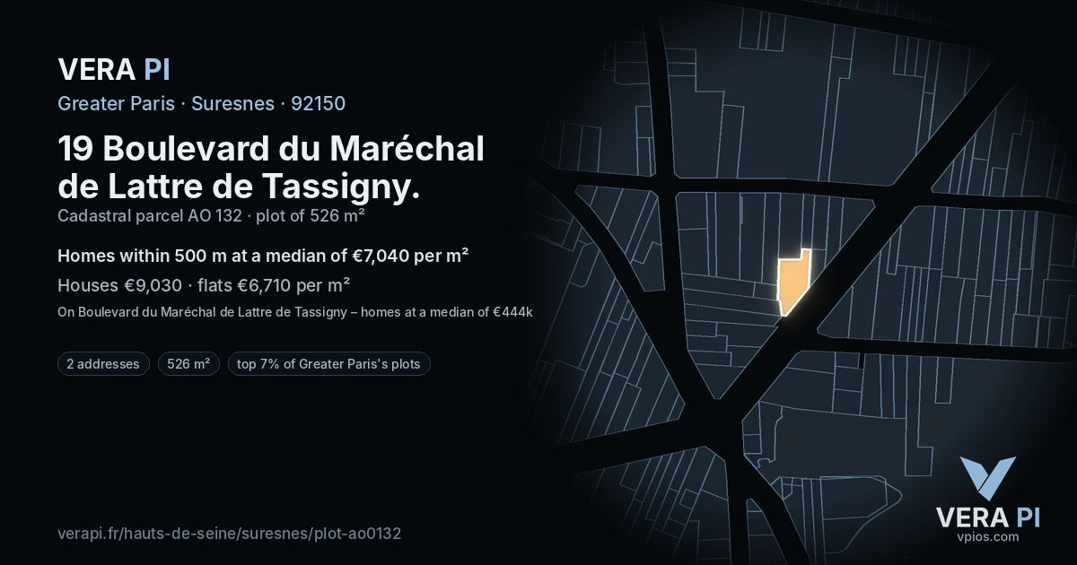 19 Boulevard du Maréchal de Lattre de Tassigny, Suresnes at night – the plot lit, the parcels around coloured by the prices near them