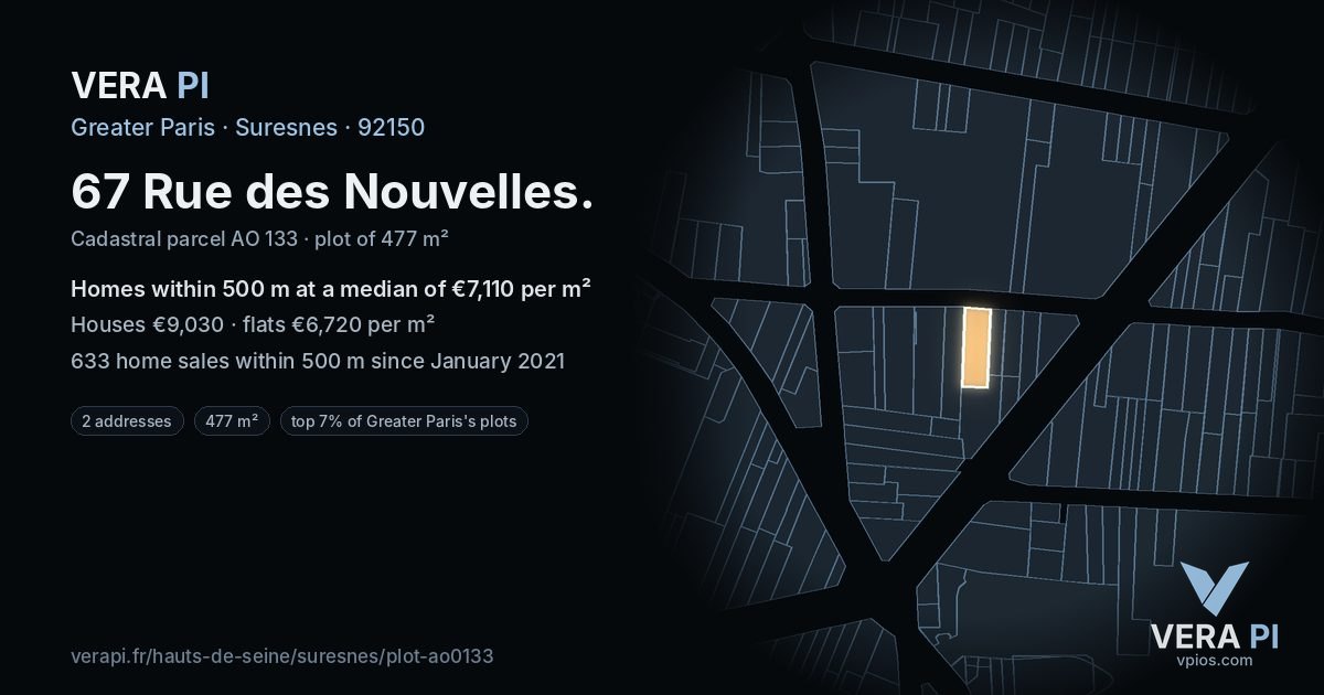 67 Rue des Nouvelles, Suresnes at night – the plot lit, the parcels around coloured by the prices near them