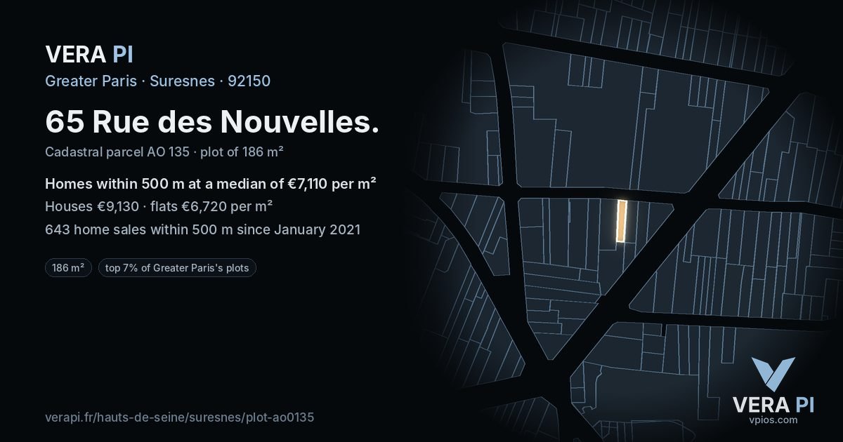 65 Rue des Nouvelles, Suresnes at night – the plot lit, the parcels around coloured by the prices near them