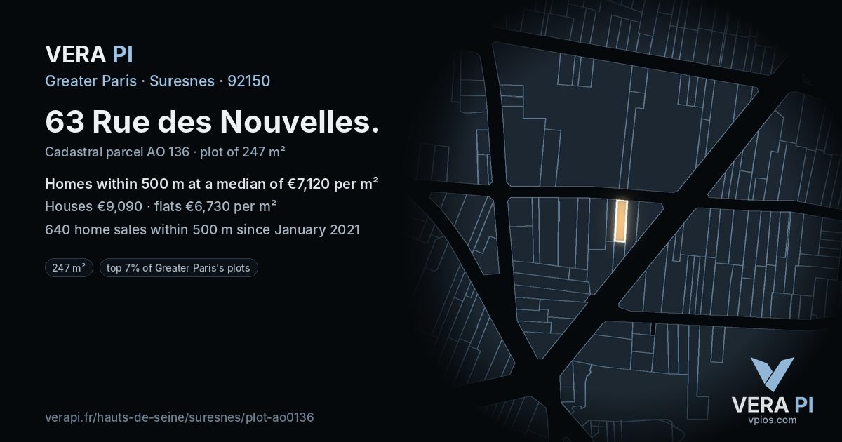 63 Rue des Nouvelles, Suresnes at night – the plot lit, the parcels around coloured by the prices near them