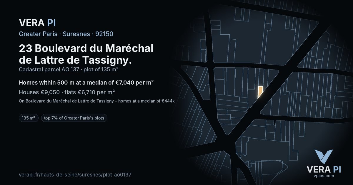 23 Boulevard du Maréchal de Lattre de Tassigny, Suresnes at night – the plot lit, the parcels around coloured by the prices near them