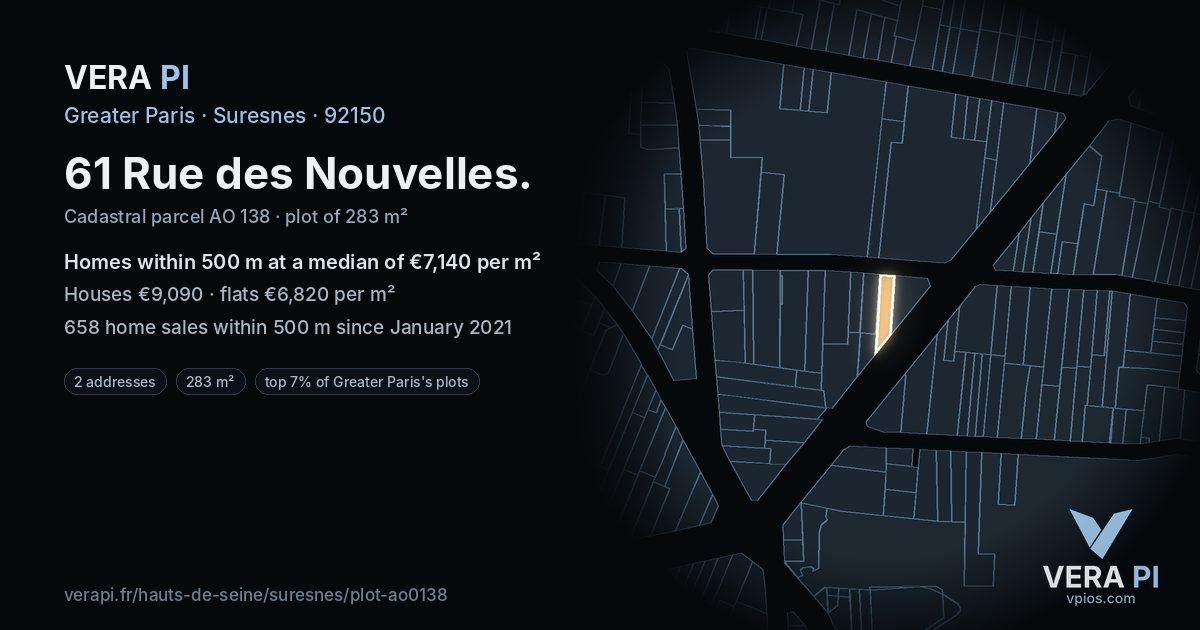 61 Rue des Nouvelles, Suresnes at night – the plot lit, the parcels around coloured by the prices near them