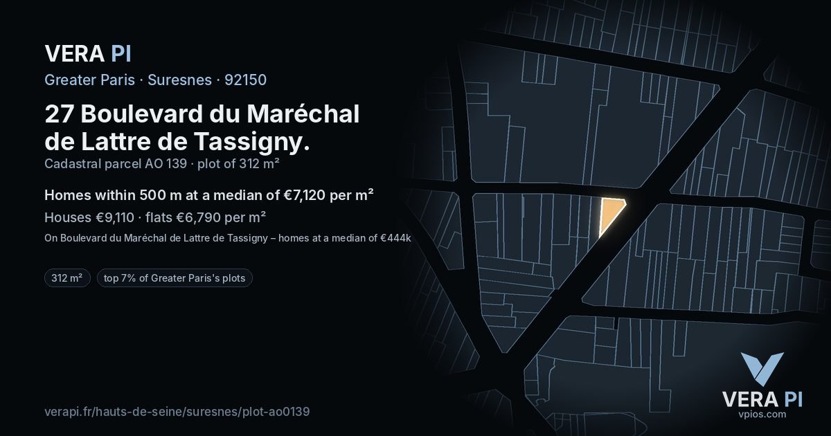 27 Boulevard du Maréchal de Lattre de Tassigny, Suresnes at night – the plot lit, the parcels around coloured by the prices near them