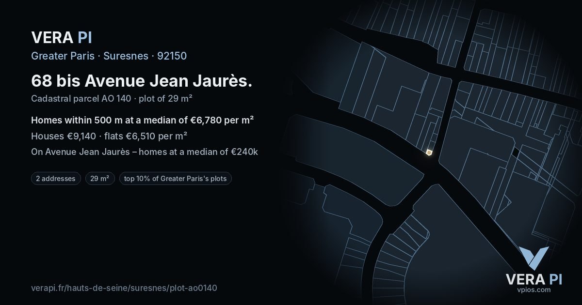 68 bis Avenue Jean Jaurès, Suresnes at night – the plot lit, the parcels around coloured by the prices near them
