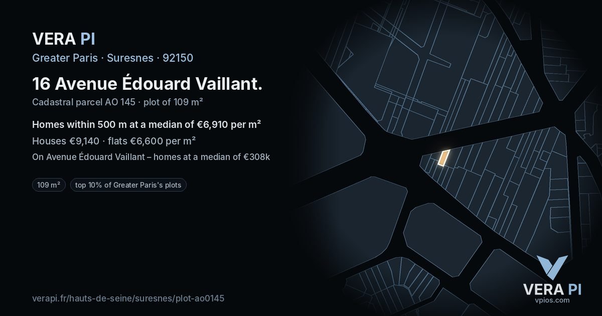 16 Avenue Édouard Vaillant, Suresnes at night – the plot lit, the parcels around coloured by the prices near them