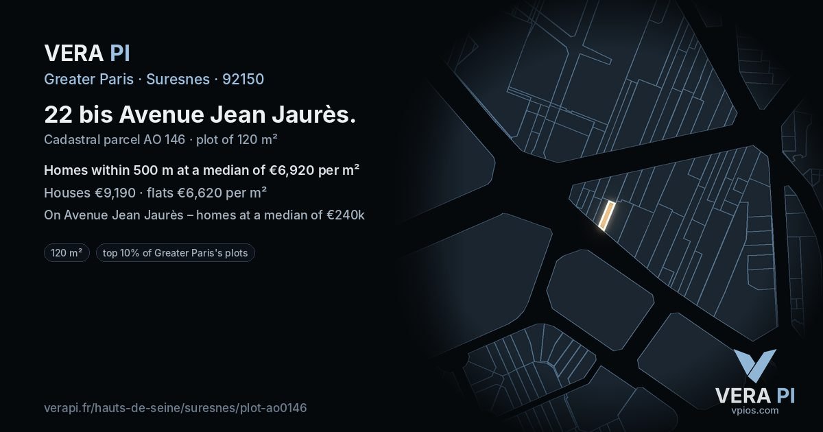 22 bis Avenue Jean Jaurès, Suresnes at night – the plot lit, the parcels around coloured by the prices near them