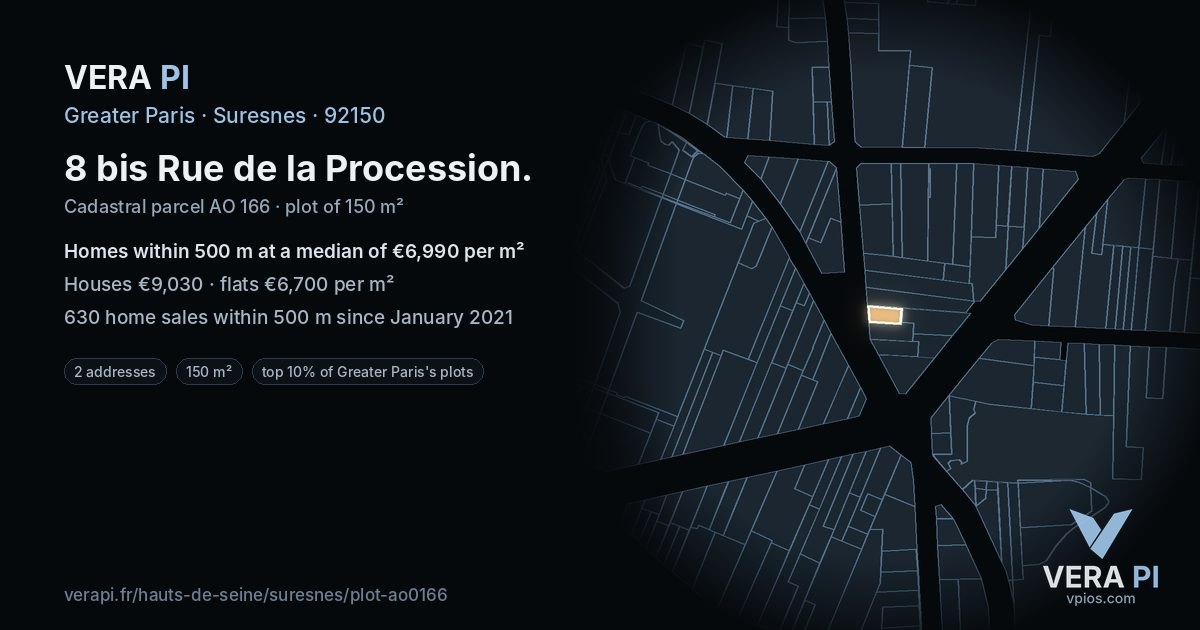8 bis Rue de la Procession, Suresnes at night – the plot lit, the parcels around coloured by the prices near them