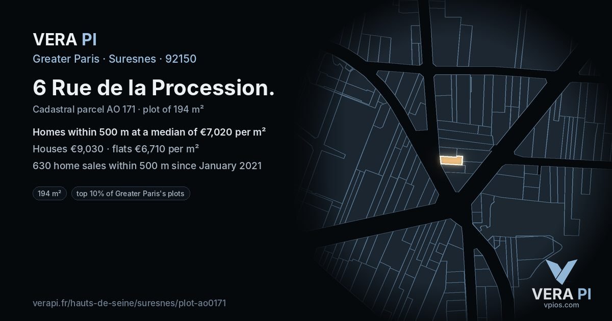 6 Rue de la Procession, Suresnes at night – the plot lit, the parcels around coloured by the prices near them