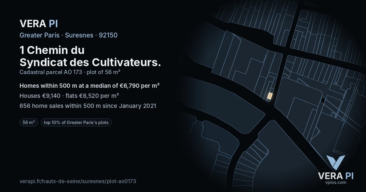 1 Chemin du Syndicat des Cultivateurs, Suresnes at night – the plot lit, the parcels around coloured by the prices near them