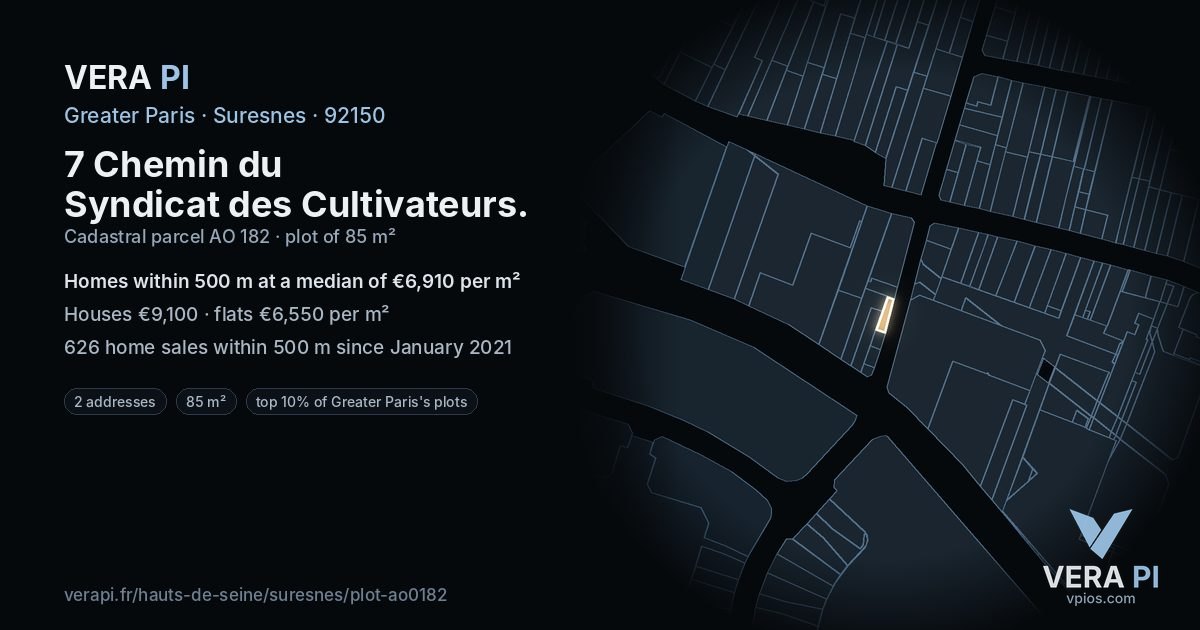 7 Chemin du Syndicat des Cultivateurs, Suresnes at night – the plot lit, the parcels around coloured by the prices near them