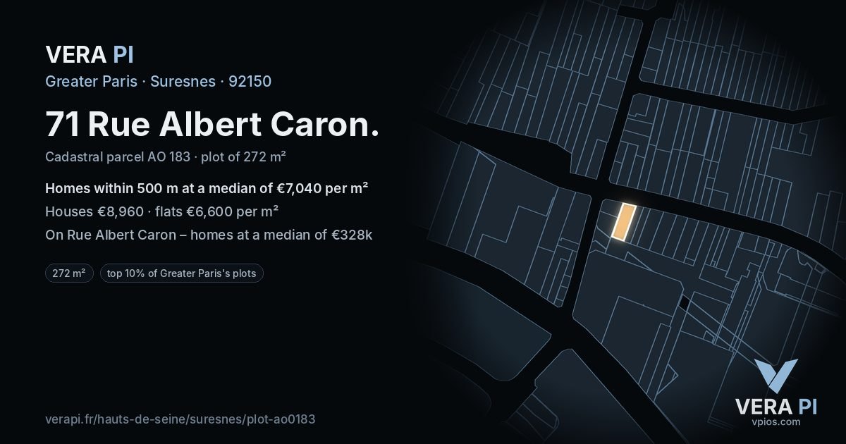 71 Rue Albert Caron, Suresnes at night – the plot lit, the parcels around coloured by the prices near them