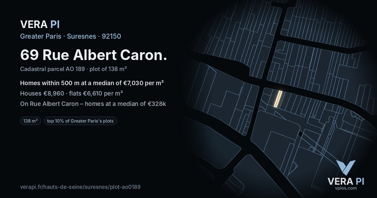 69 Rue Albert Caron, Suresnes at night – the plot lit, the parcels around coloured by the prices near them