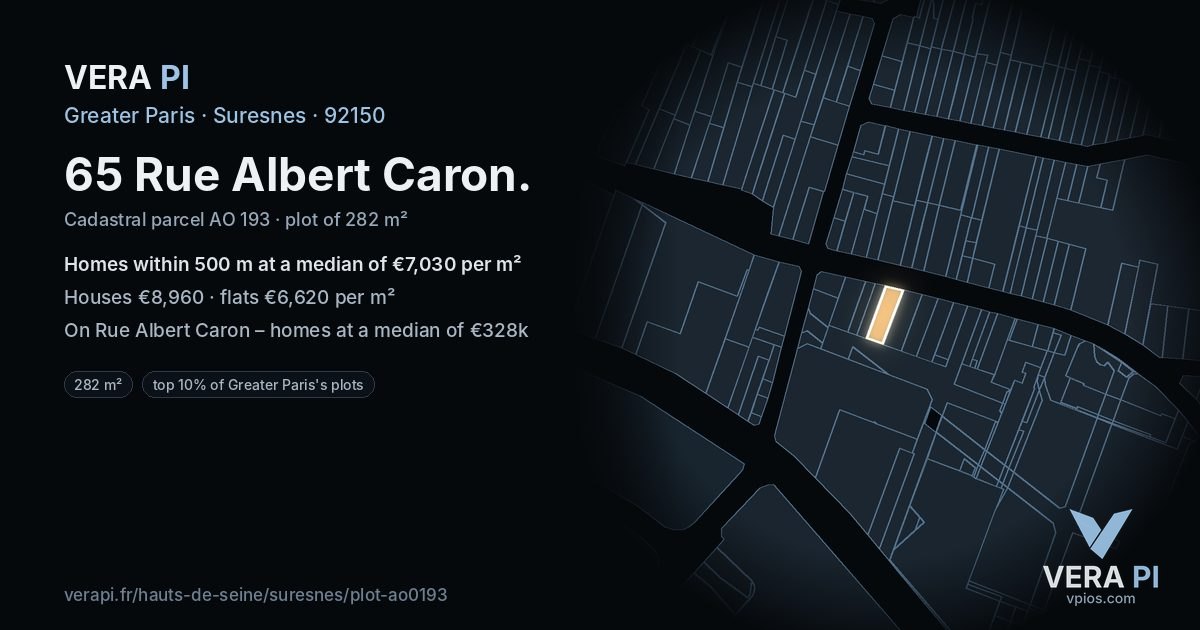 65 Rue Albert Caron, Suresnes at night – the plot lit, the parcels around coloured by the prices near them