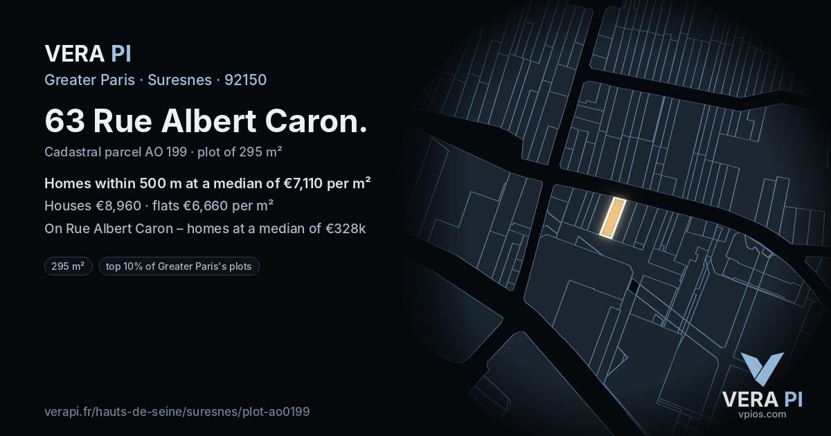 63 Rue Albert Caron, Suresnes at night – the plot lit, the parcels around coloured by the prices near them