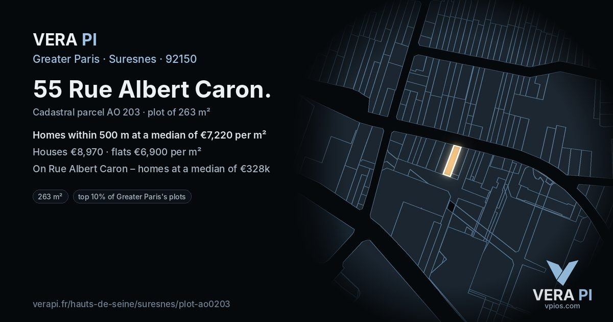 55 Rue Albert Caron, Suresnes at night – the plot lit, the parcels around coloured by the prices near them