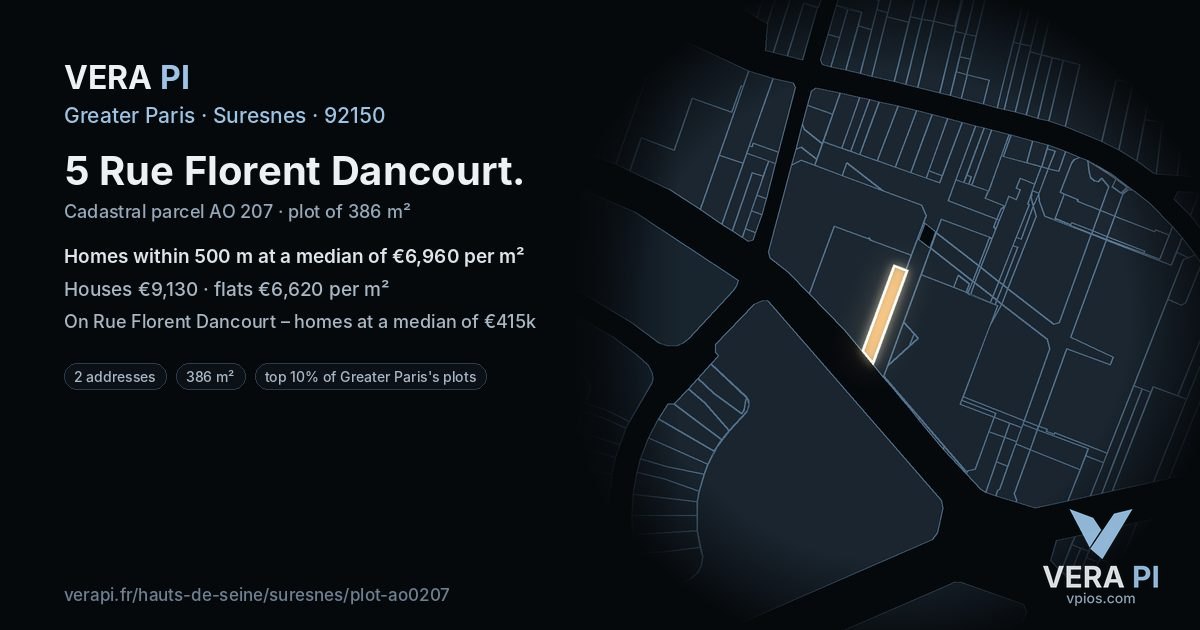 5 Rue Florent Dancourt, Suresnes at night – the plot lit, the parcels around coloured by the prices near them