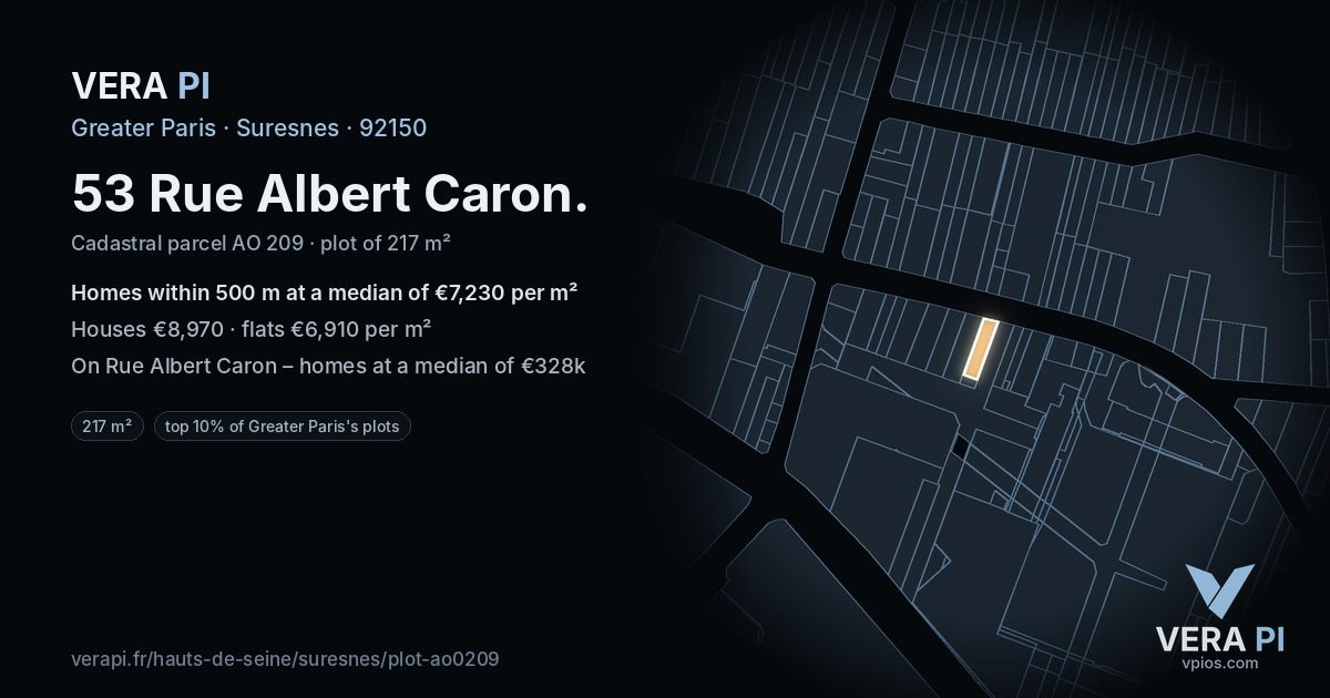53 Rue Albert Caron, Suresnes at night – the plot lit, the parcels around coloured by the prices near them