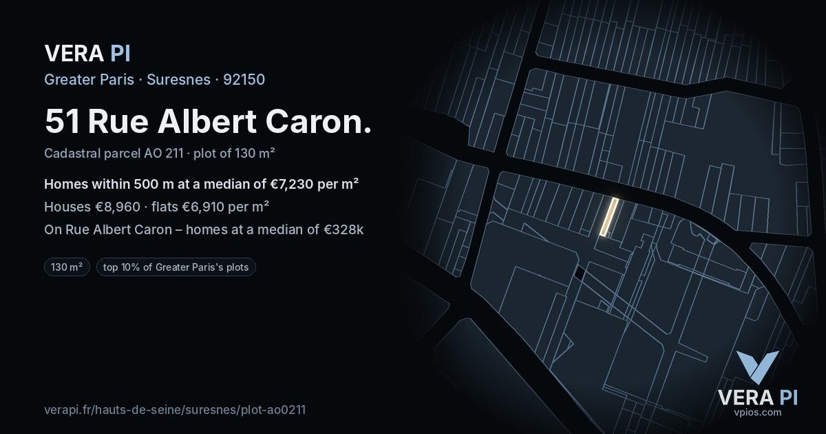 51 Rue Albert Caron, Suresnes at night – the plot lit, the parcels around coloured by the prices near them