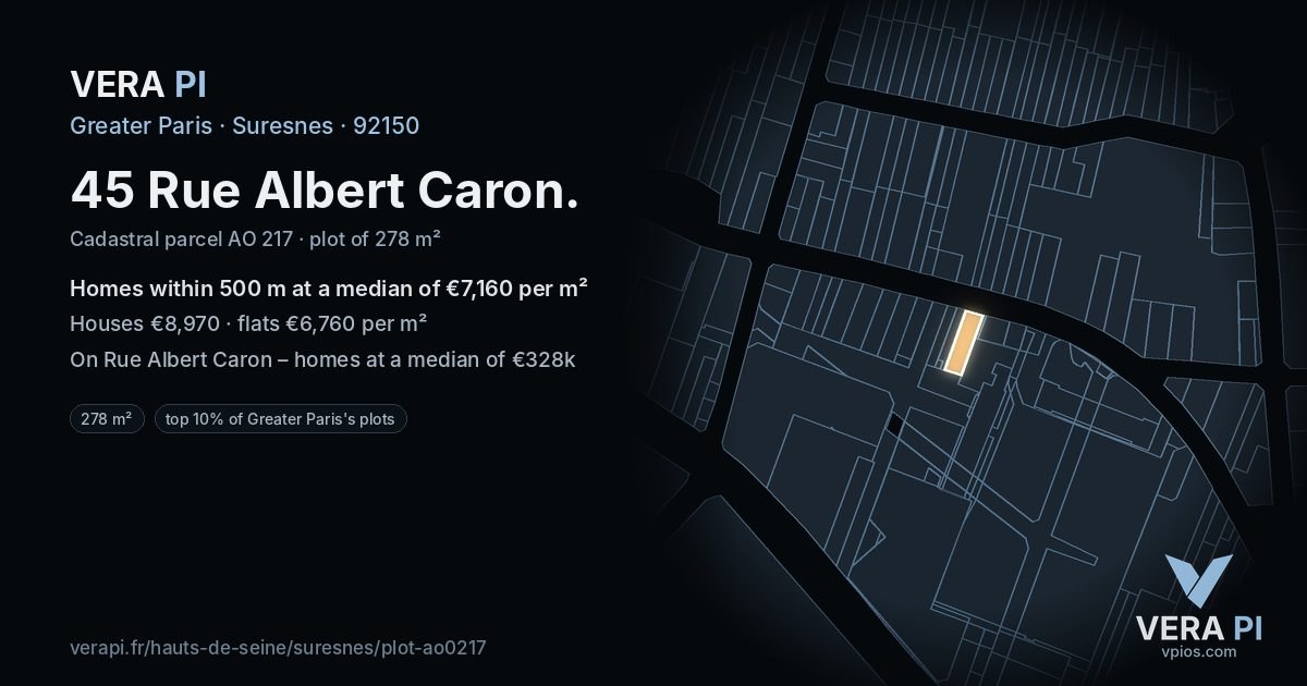 45 Rue Albert Caron, Suresnes at night – the plot lit, the parcels around coloured by the prices near them