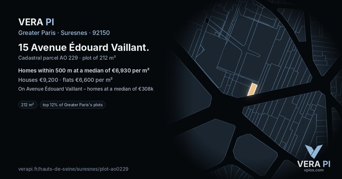 15 Avenue Édouard Vaillant, Suresnes at night – the plot lit, the parcels around coloured by the prices near them