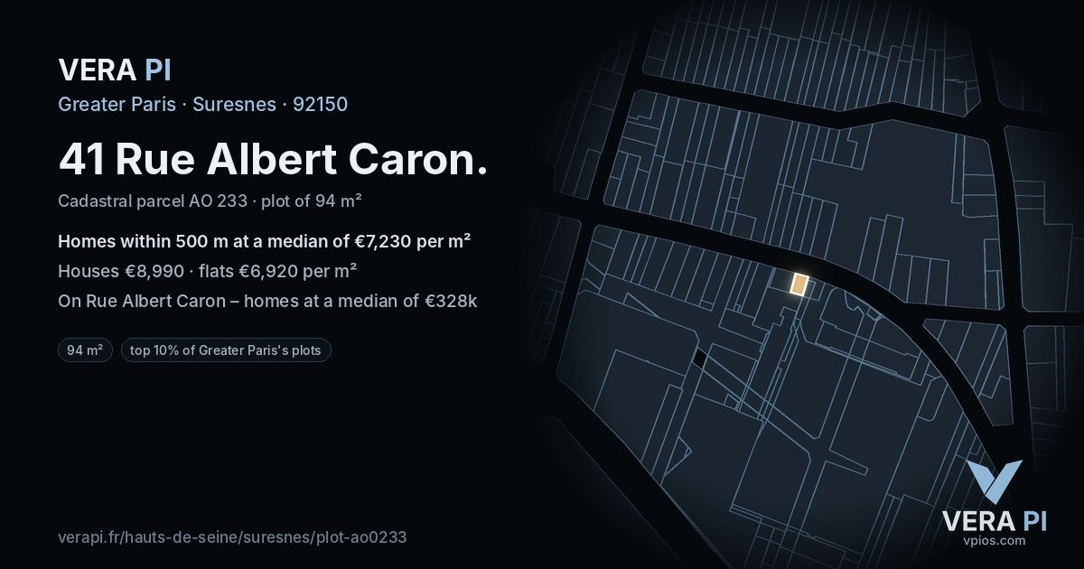 41 Rue Albert Caron, Suresnes at night – the plot lit, the parcels around coloured by the prices near them