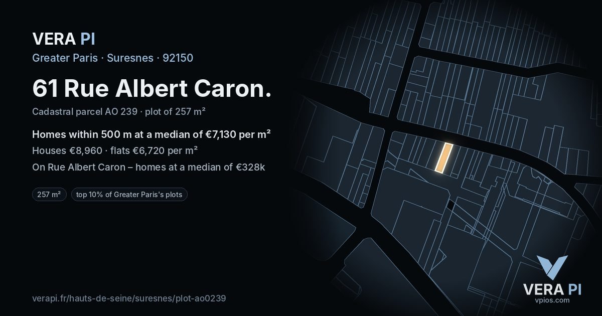 61 Rue Albert Caron, Suresnes at night – the plot lit, the parcels around coloured by the prices near them