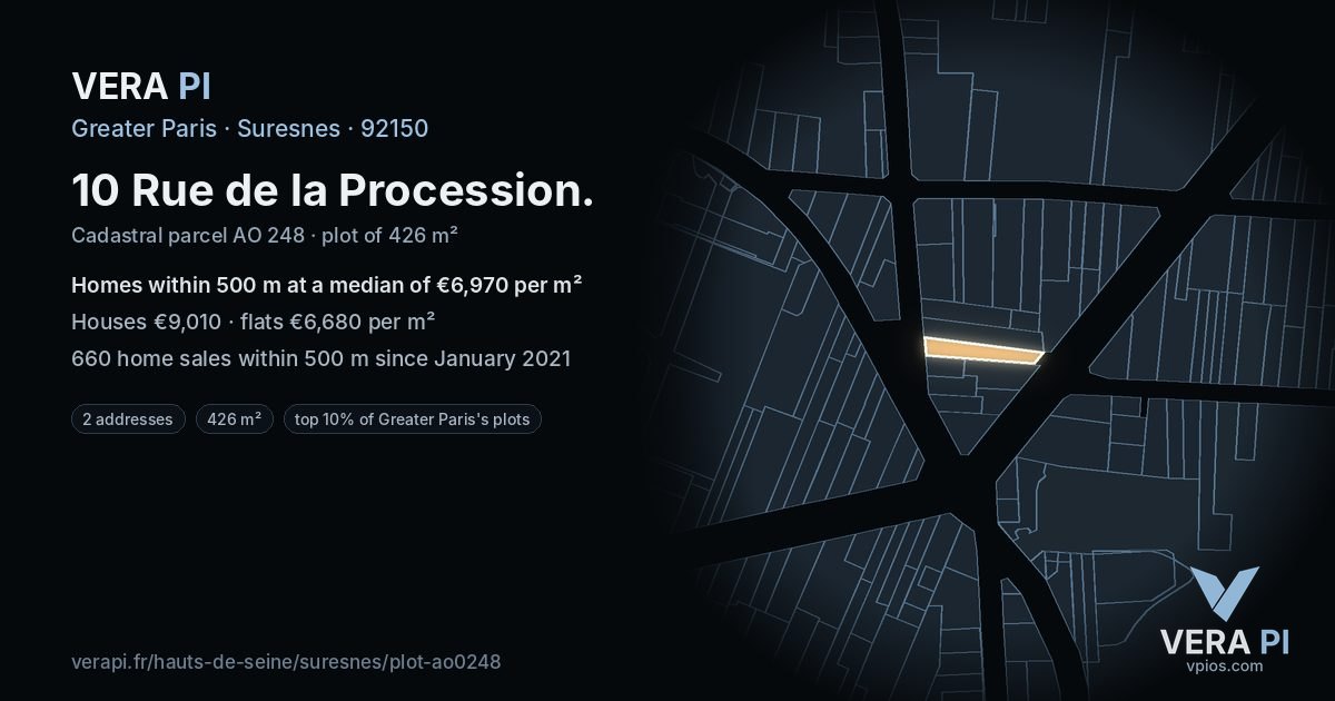 10 Rue de la Procession, Suresnes at night – the plot lit, the parcels around coloured by the prices near them