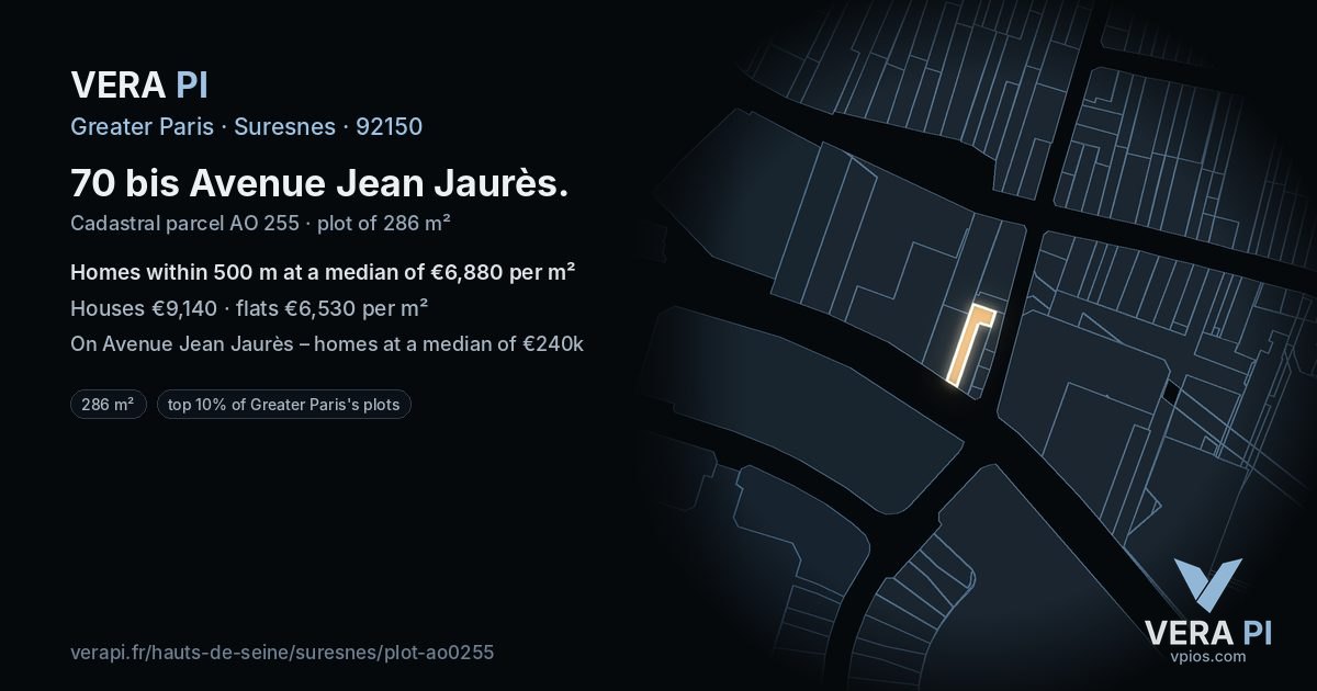 70 bis Avenue Jean Jaurès, Suresnes at night – the plot lit, the parcels around coloured by the prices near them
