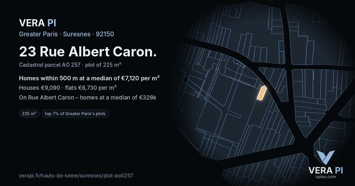 23 Rue Albert Caron, Suresnes at night – the plot lit, the parcels around coloured by the prices near them