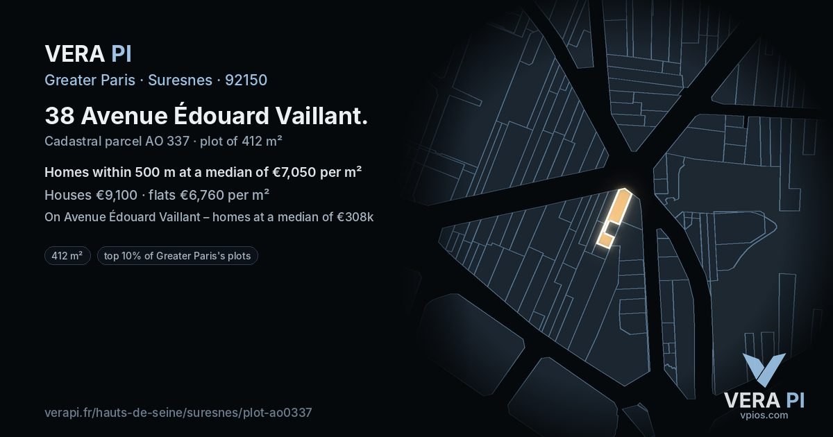 38 Avenue Édouard Vaillant, Suresnes at night – the plot lit, the parcels around coloured by the prices near them