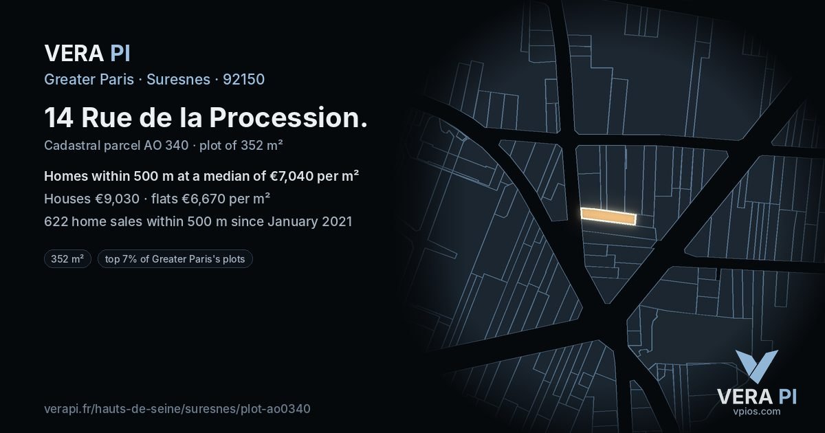14 Rue de la Procession, Suresnes at night – the plot lit, the parcels around coloured by the prices near them