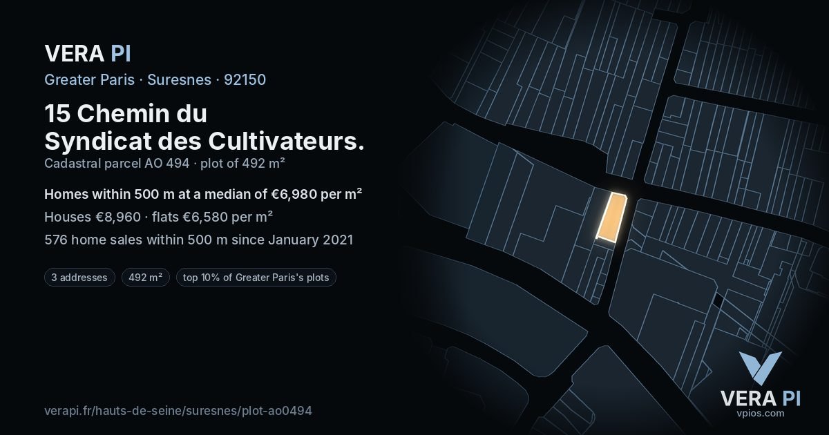15 Chemin du Syndicat des Cultivateurs, Suresnes at night – the plot lit, the parcels around coloured by the prices near them
