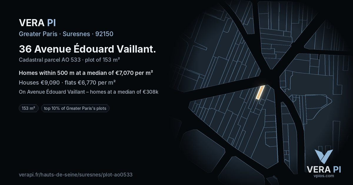 36 Avenue Édouard Vaillant, Suresnes at night – the plot lit, the parcels around coloured by the prices near them