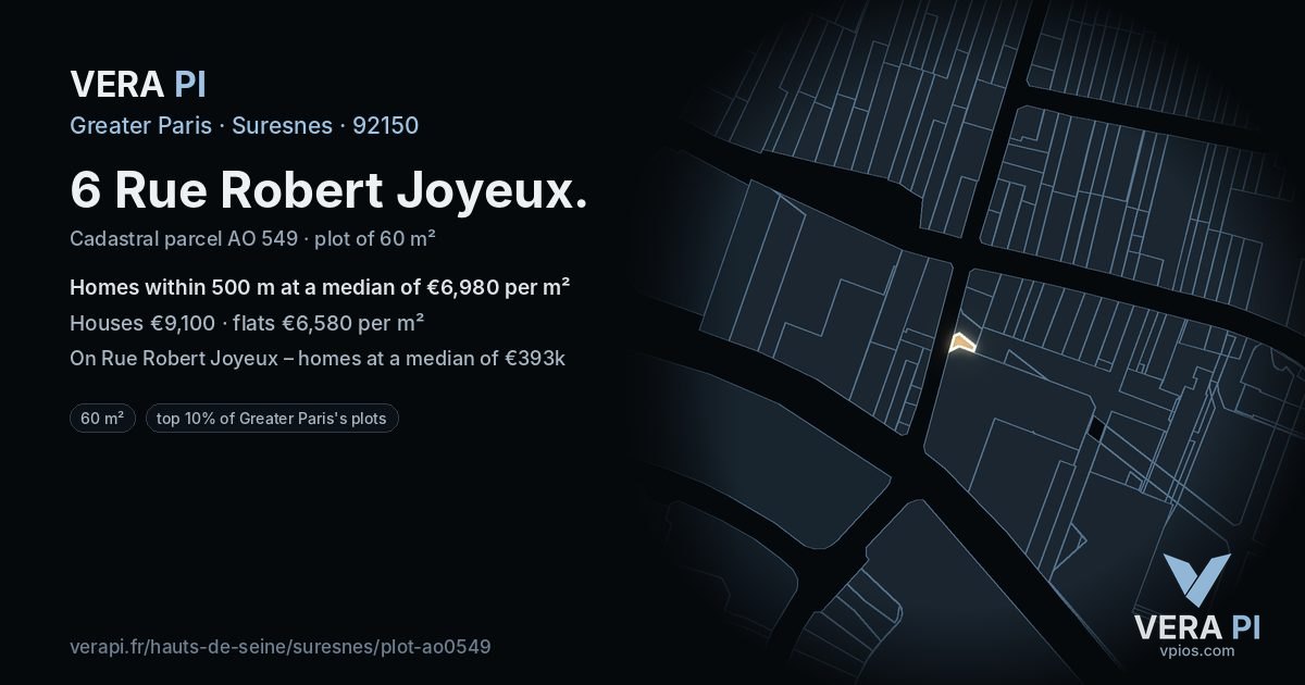 6 Rue Robert Joyeux, Suresnes at night – the plot lit, the parcels around coloured by the prices near them