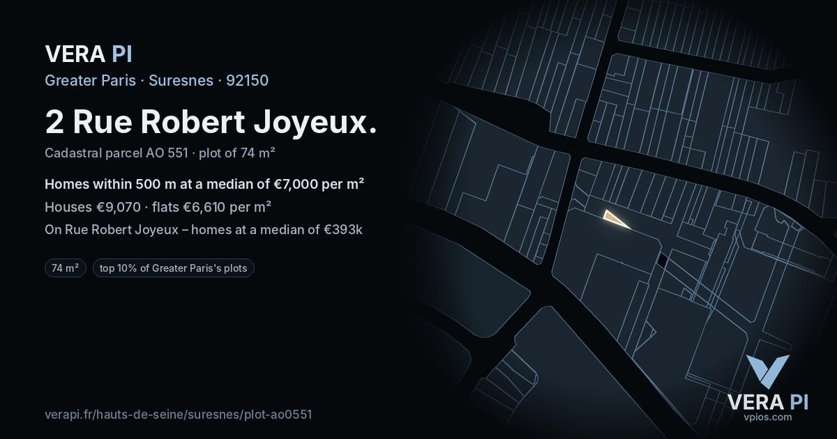 2 Rue Robert Joyeux, Suresnes at night – the plot lit, the parcels around coloured by the prices near them