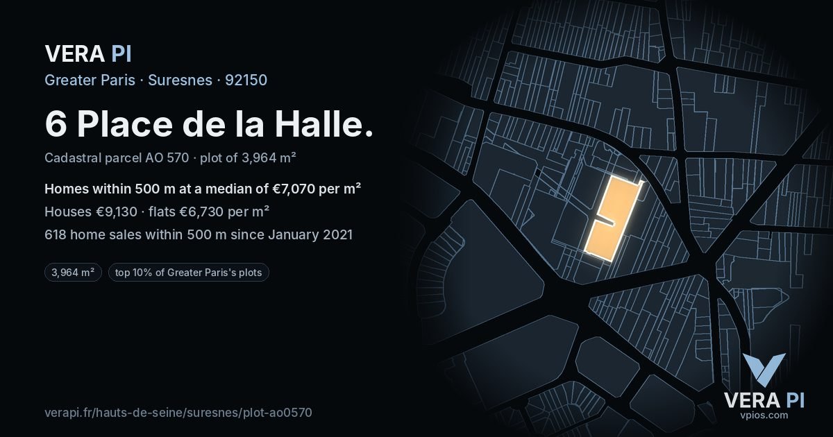 6 Place de la Halle, Suresnes at night – the plot lit, the parcels around coloured by the prices near them
