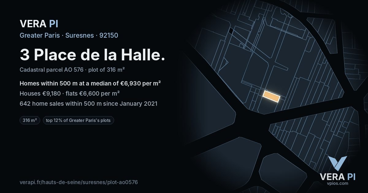3 Place de la Halle, Suresnes at night – the plot lit, the parcels around coloured by the prices near them
