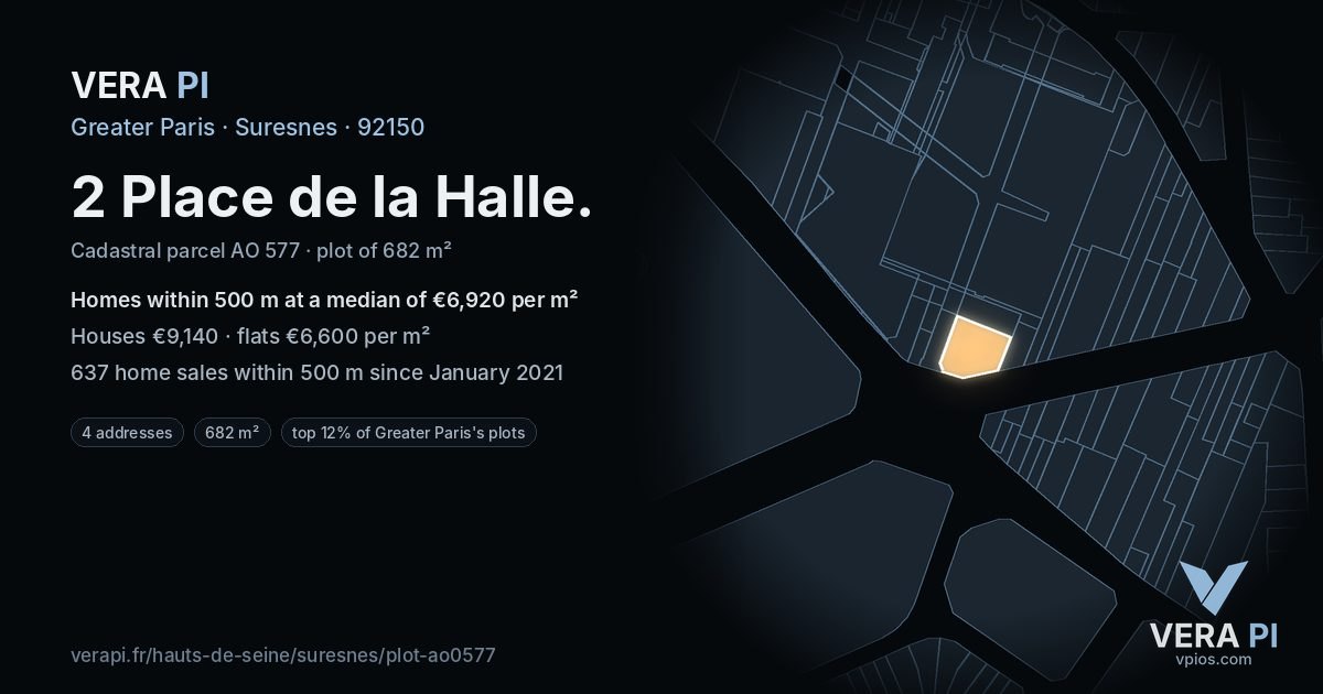 2 Place de la Halle, Suresnes at night – the plot lit, the parcels around coloured by the prices near them