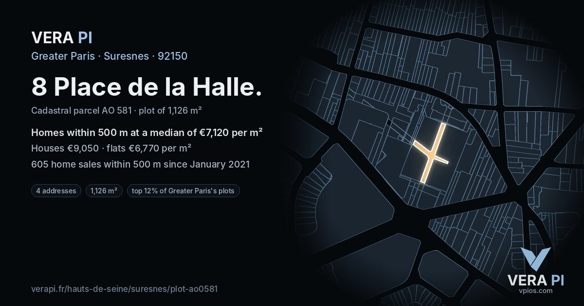 8 Place de la Halle, Suresnes at night – the plot lit, the parcels around coloured by the prices near them