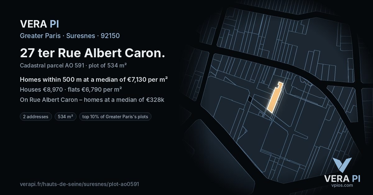 27 ter Rue Albert Caron, Suresnes at night – the plot lit, the parcels around coloured by the prices near them
