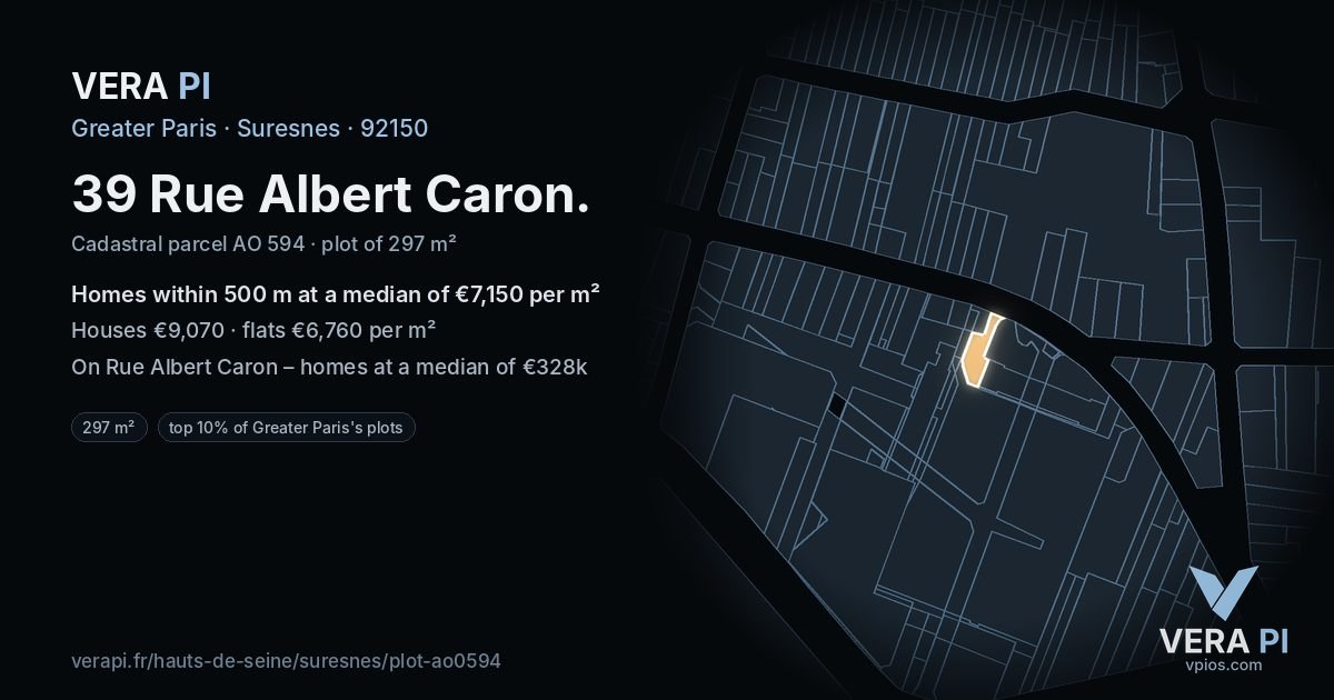 39 Rue Albert Caron, Suresnes at night – the plot lit, the parcels around coloured by the prices near them