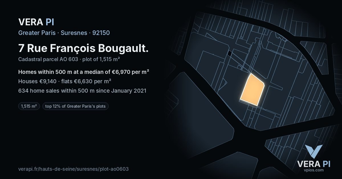 7 Rue François Bougault, Suresnes at night – the plot lit, the parcels around coloured by the prices near them