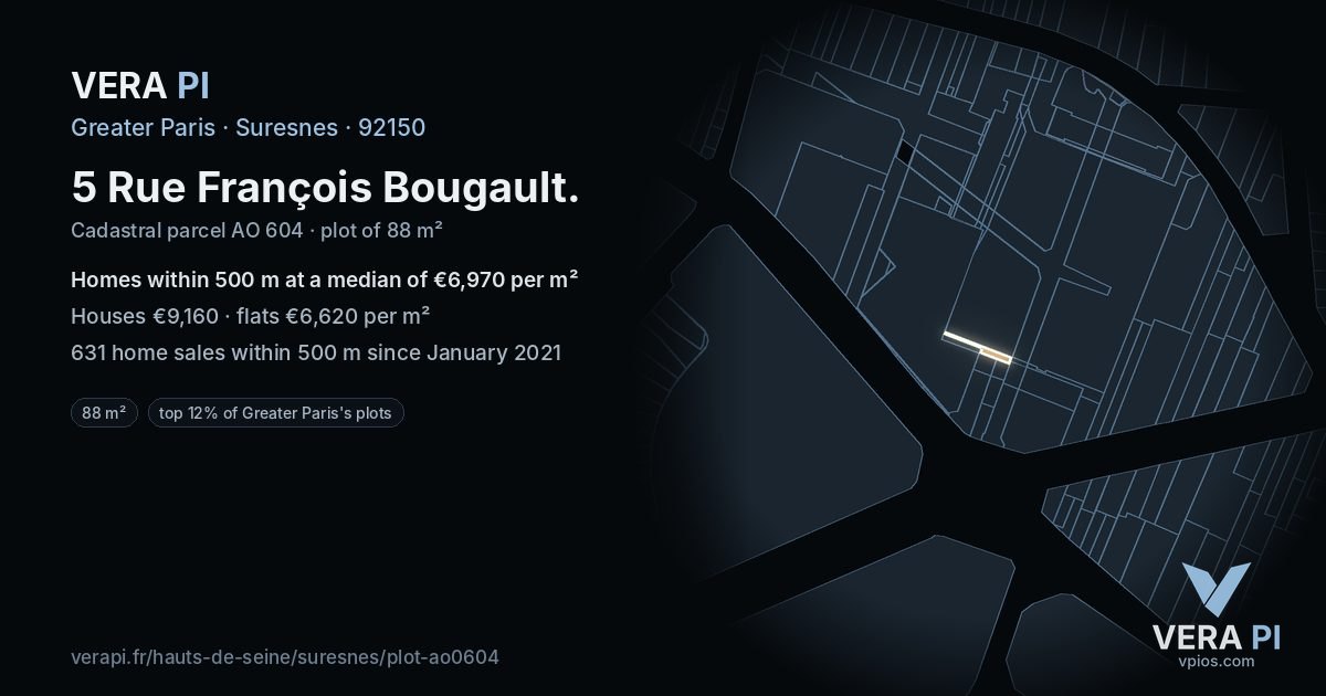 5 Rue François Bougault, Suresnes at night – the plot lit, the parcels around coloured by the prices near them