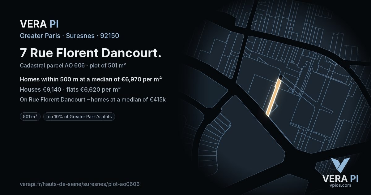 7 Rue Florent Dancourt, Suresnes at night – the plot lit, the parcels around coloured by the prices near them