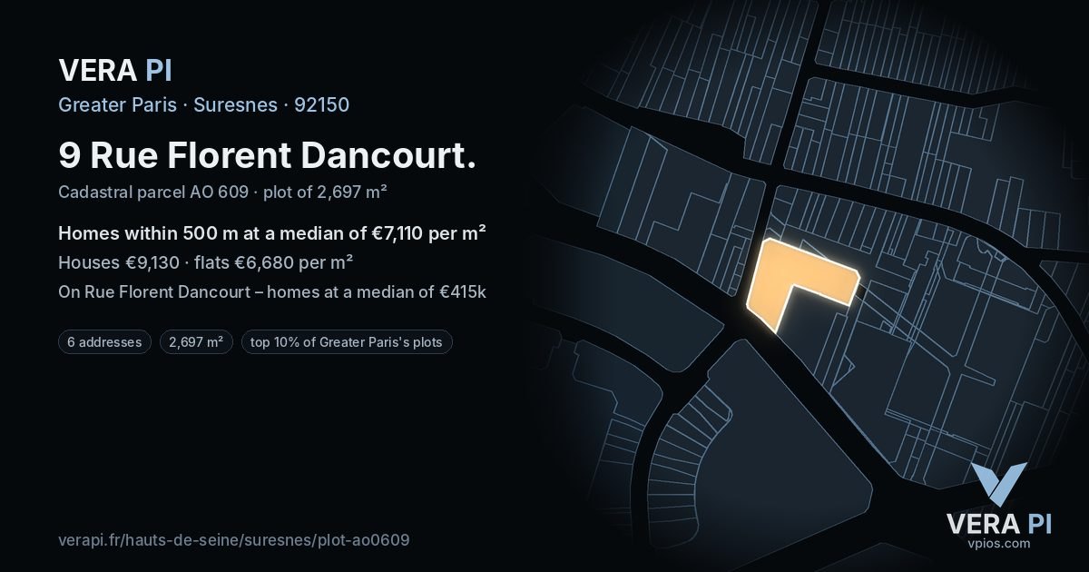9 Rue Florent Dancourt, Suresnes at night – the plot lit, the parcels around coloured by the prices near them