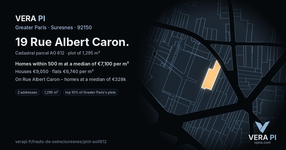 19 Rue Albert Caron, Suresnes at night – the plot lit, the parcels around coloured by the prices near them