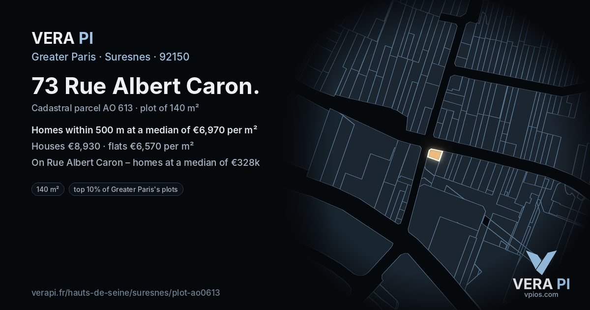 73 Rue Albert Caron, Suresnes at night – the plot lit, the parcels around coloured by the prices near them